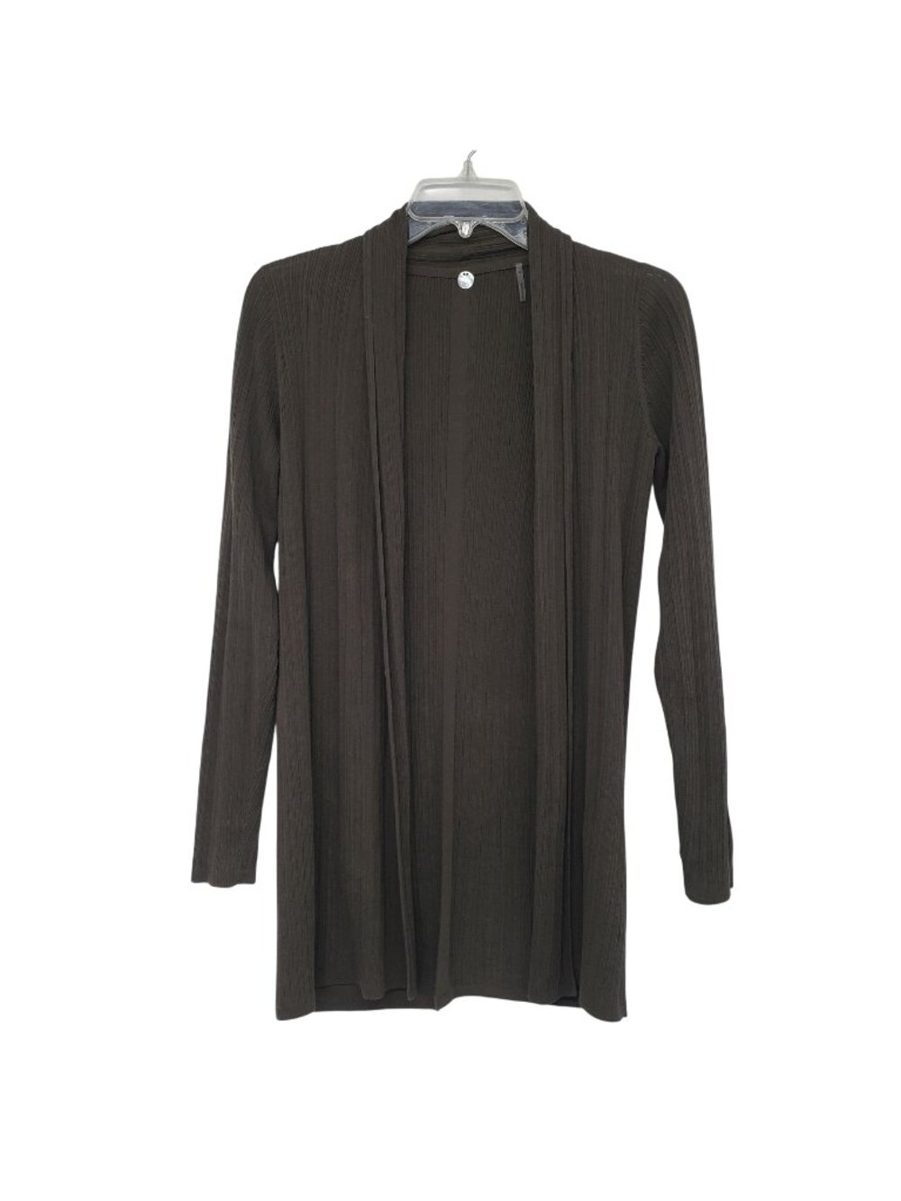 Margaret O'Leary Rib Knit Open Front Cardigan Sweater Gray Green Fall